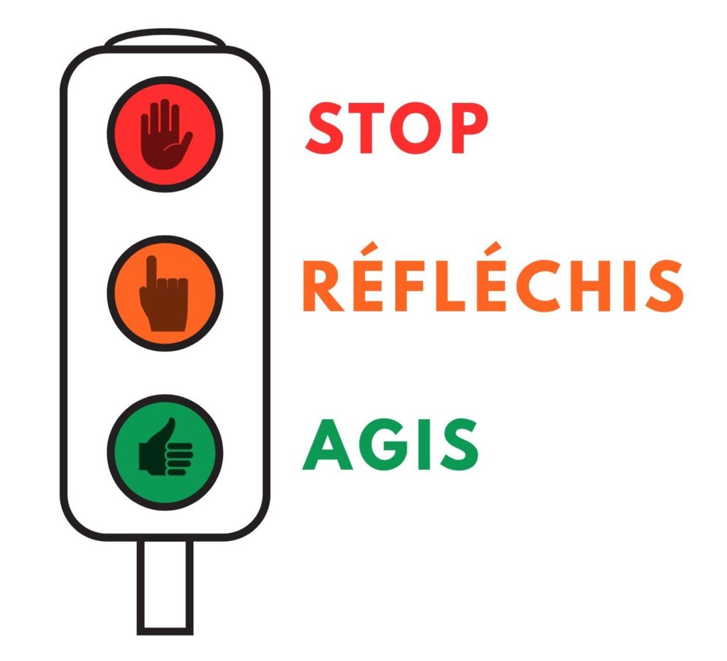 Illustration d’un feu tricolore pédagogique : en haut, un feu rouge avec le mot “stop”, au milieu un feu orange avec le mot “réfléchis”, en bas un feu vert avec le mot “agis”.
