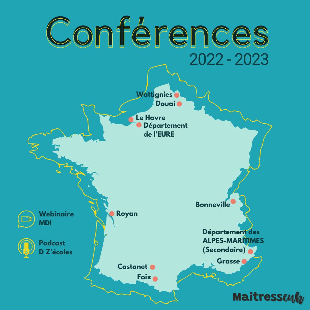 Conférences fluence Leni Cassagnettes 2022 2023 : wattignies Douai Le Havre Eure Royan Bonneveille Alpes Maritimes Grasse Castanet Foix Webinaire MDI Podcast d Z'écoles